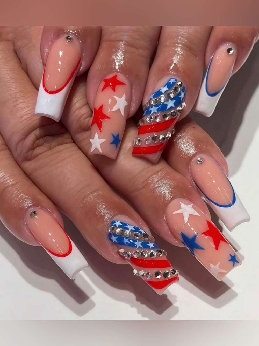 Patriotic Red, White & Blue Star Accent Acrylic Press-On Nails
